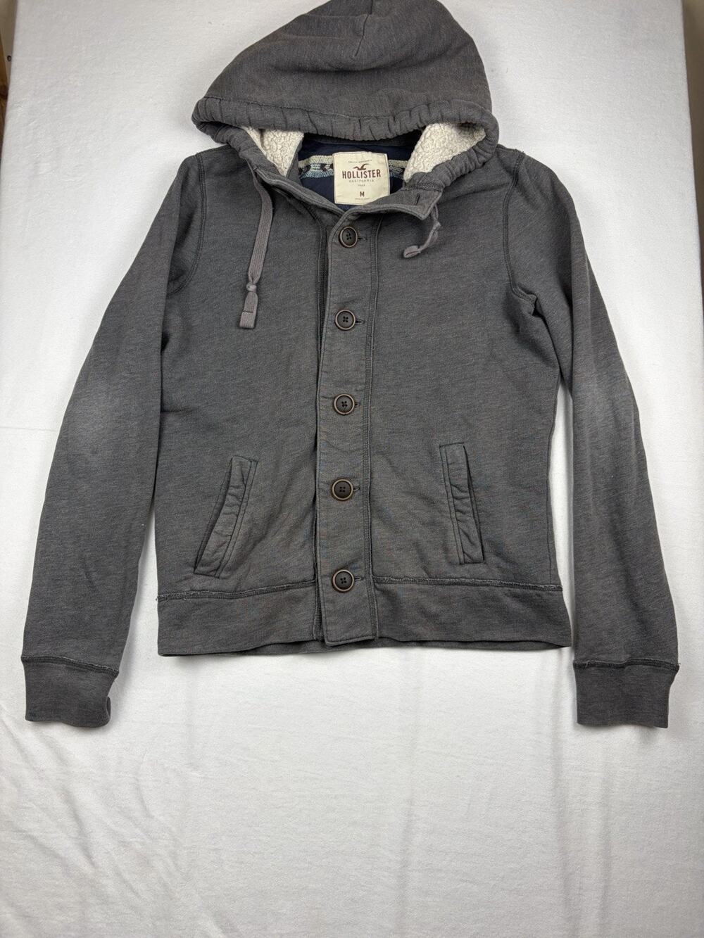 Hollister Y2K Sherpa Surfer Hoodie Navy Blue Button Closure Mens Medium Aztec